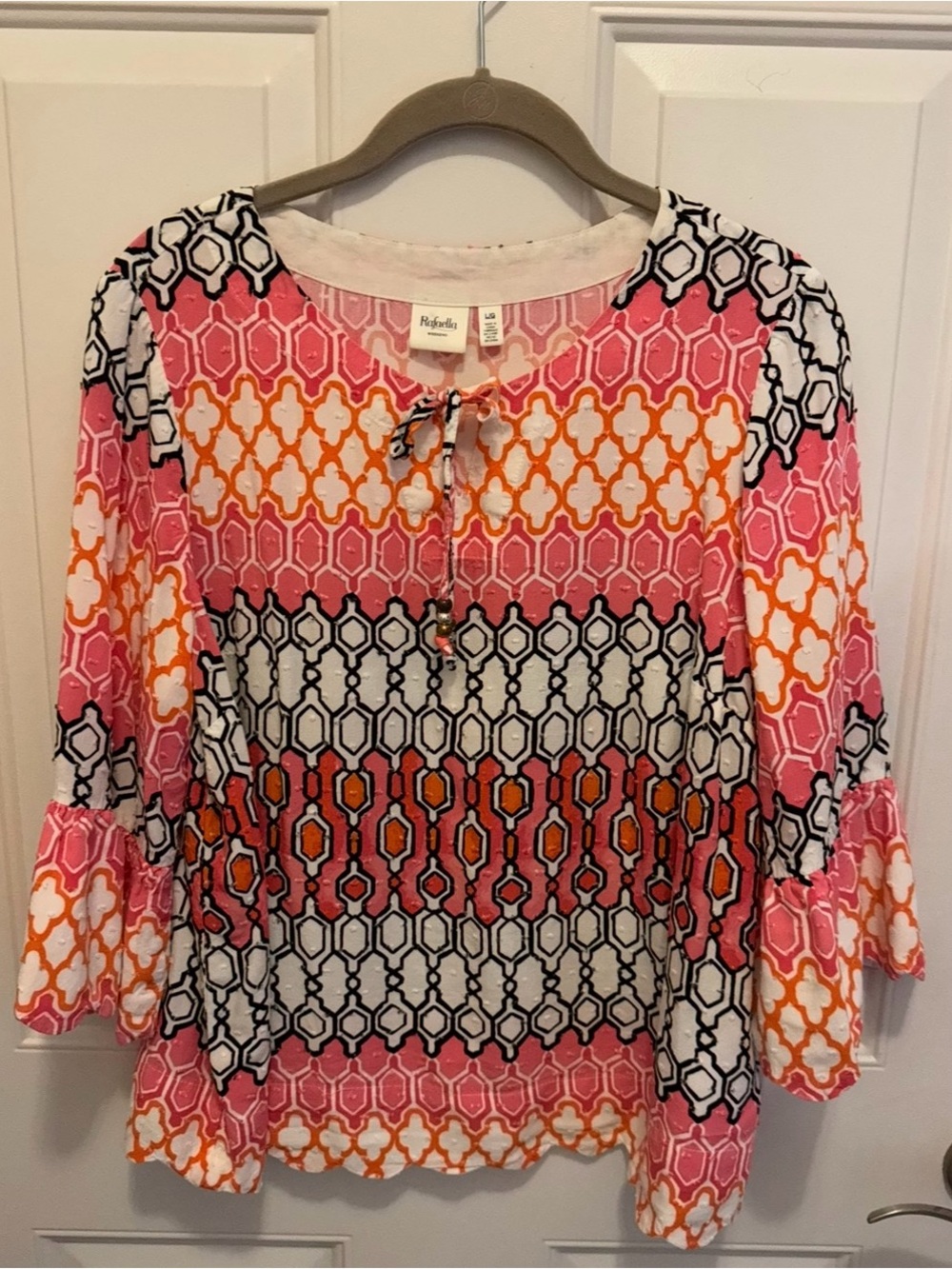 Raefella Pink & Orange Patterned Tie-Neck Women's Blouse
